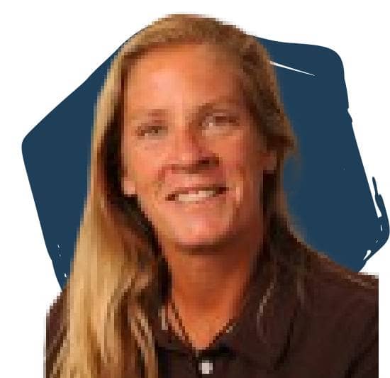 Carin Gabarra, Former member, U.S. Women's National Team Head Coach, U.S. Naval Academy, in front of blue hexagon