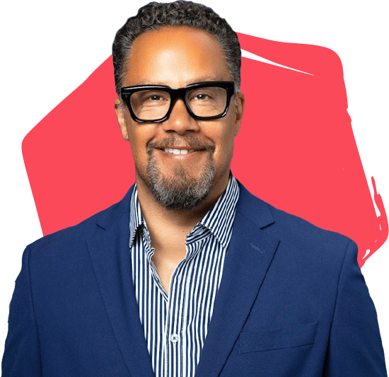 David Stuphen in front of a red hexagon