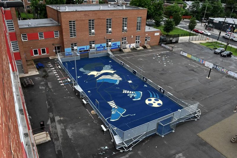 A photo of a mini-pitch with artwork at Hendley Elementary School in DC