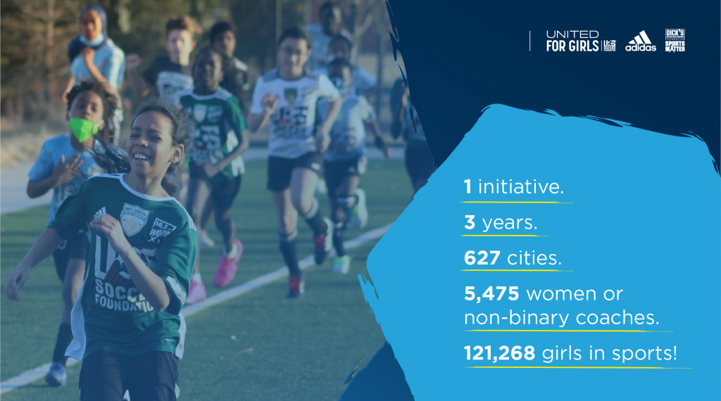 blue graphic elements next to a photo of youth soccer players. copy overlaid on text reads "1 initiative 3 years 627 cities 5,475 women or non-binary coaches 121,268 girls in sports"