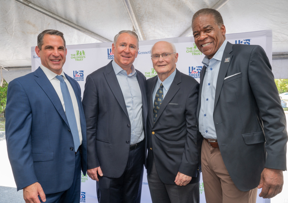 James Hag, Kenneth Griffin and Ed Foster-Simeon pose for a photo at the launch of the Miami-Dade Soccer Initiative