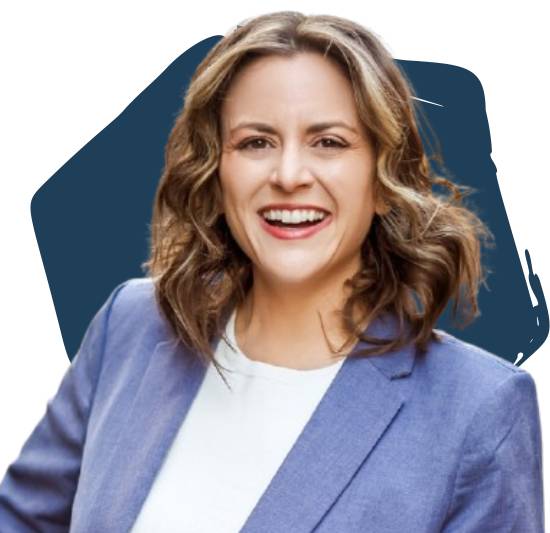 Bridget Longsworth in front of blue hexagon