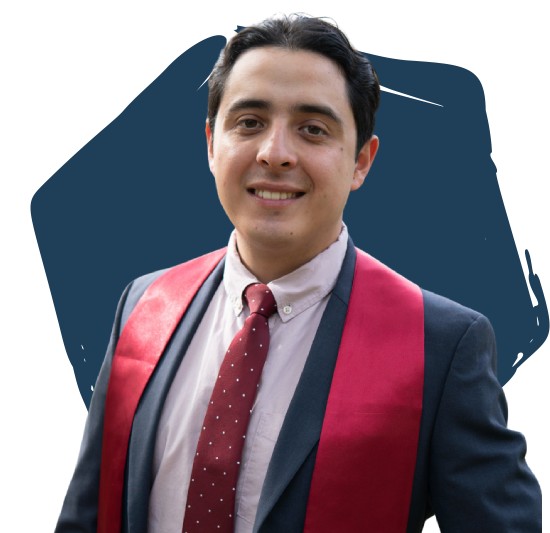 Andres in front of a blue hexagon.