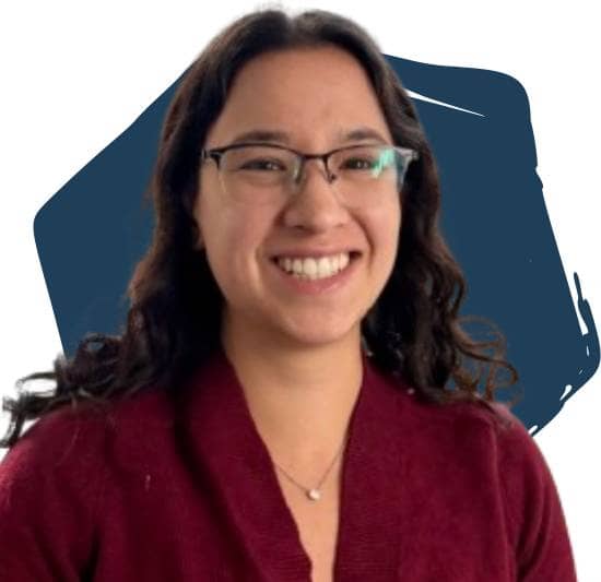 Elena Bagnoli in front of a blue hexagon