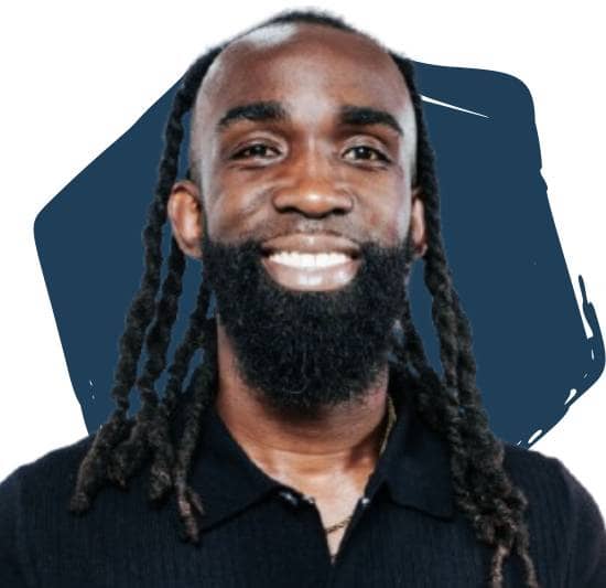 Hugh Roberts in front of a blue hexagon