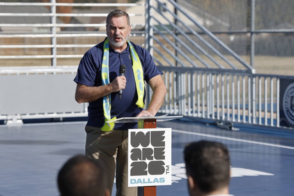 Man speaks at the Lake Dallas City Park mini-pitch opening
