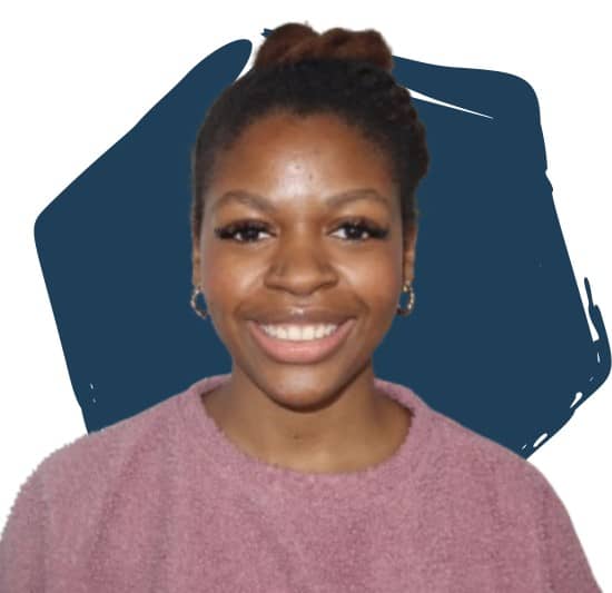 Sarah Jeffcoat in front of a blue hexagon