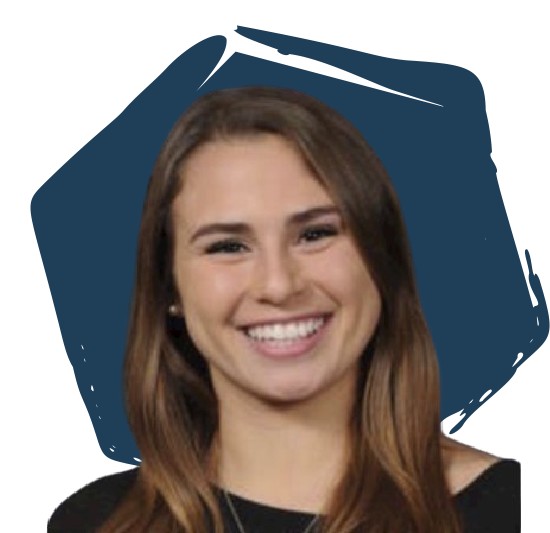 Nicole P in front of a blue hexagon