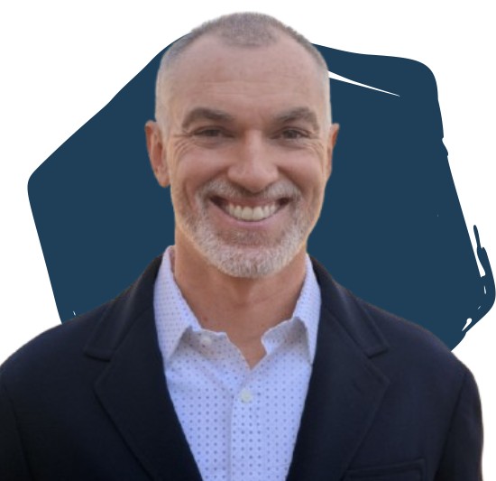 Nate Gaudreault in front of a blue hexagon