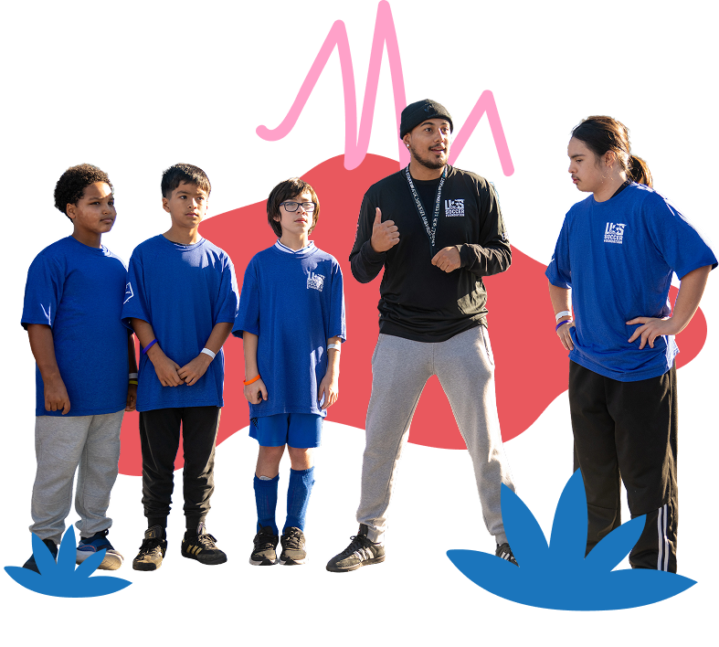 Coach standing with kids surrounded by collage elements